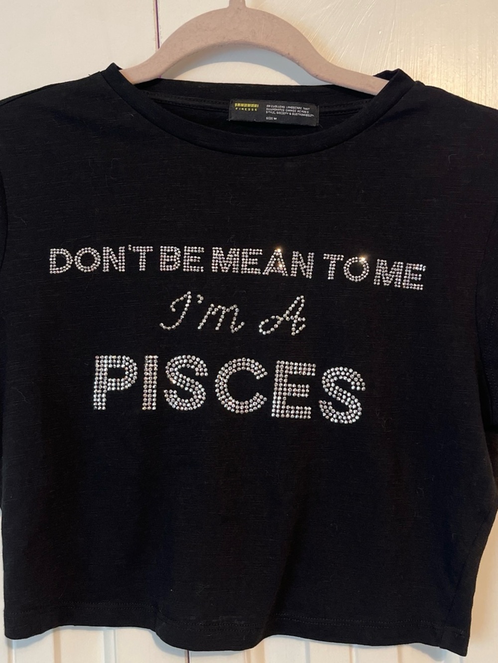 Finesse Black Cropped Rhinestone 'Don't Be Mean To Me I'm A Pisces' Tee
